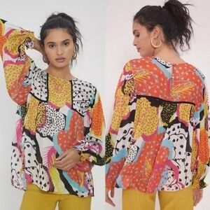 Blank London Womens Abstract Polka Dot Viscose Balloon Sleeve Boho Blouse Size M